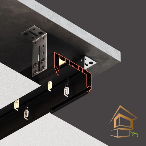 | профиль для натяжных потолков, Flexy GARDINA2 05, двухрядный профиль, карнизные ниши, подсветка, гарпунная система, чёрный профиль Профиль для натяжных потолков Flexy GARDINA2 05 для карнизных ниш с подсветкой, двухрядный 3.2 м черный